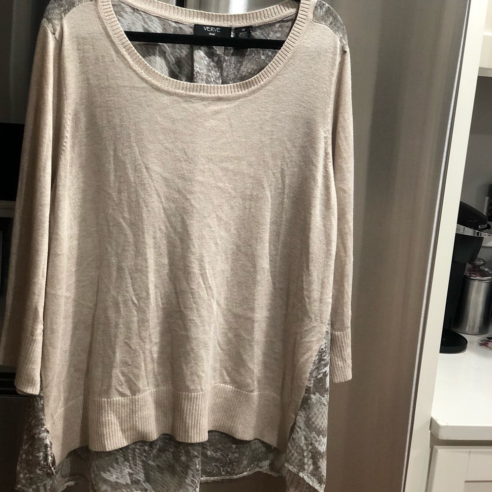 Verve Ami Cream Knit Tunic Top Sheer Lace Back Animal Print Plus Size 3X